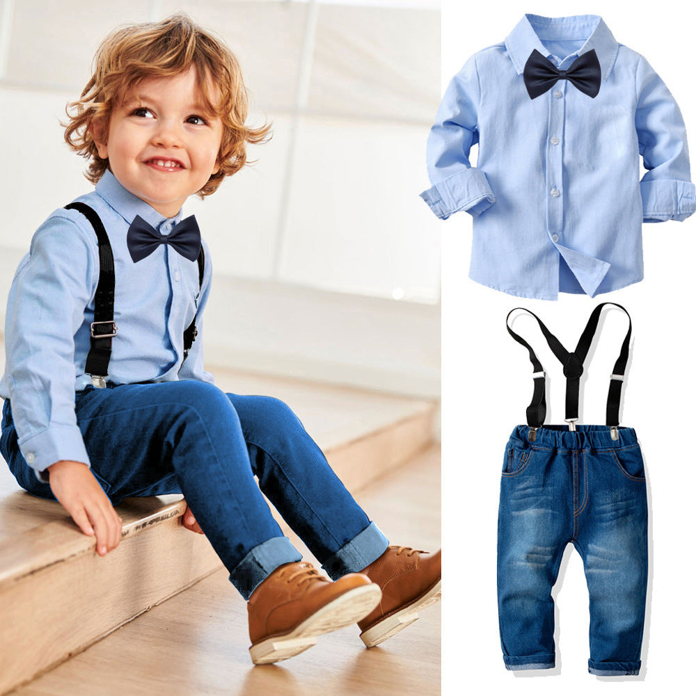 Boy's baby cotton long-sleeved collar shirt denim suspenders trousers suit