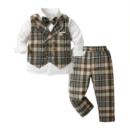 High Quality Factory Wholesale Kids' Formal Plaid Suit Spring Autumn 100% Cotton Long Sleeve Button Two-Piece Set Boys Clothes