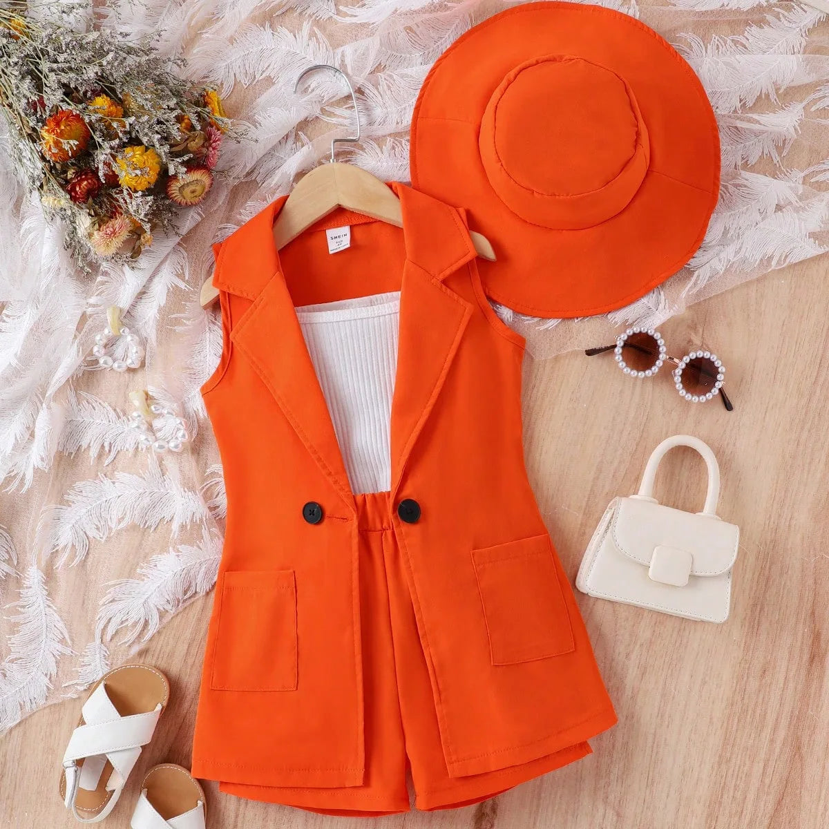 Korean Style Lovely Girl Suit with Hat Summer Daily Sleeveless 