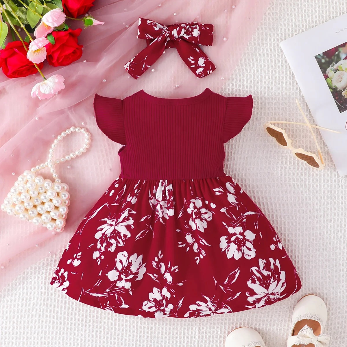 Little Girl Sweet Bow Fly Sleeve Dress Baby Cute Patchwork Dress+Headscarf Two-Piece Set