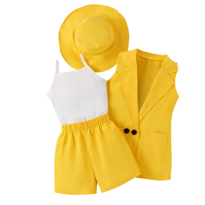 Korean Style Lovely Girl Suit with Hat Summer Daily Sleeveless 