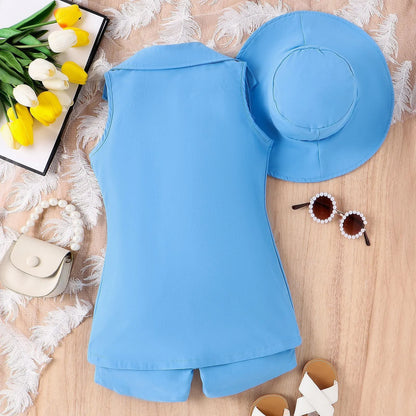 Korean Style Lovely Girl Suit with Hat Summer Daily Sleeveless 