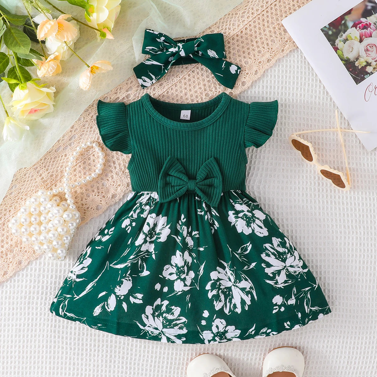 Little Girl Sweet Bow Fly Sleeve Dress Baby Cute Patchwork Dress+Headscarf Two-Piece Set