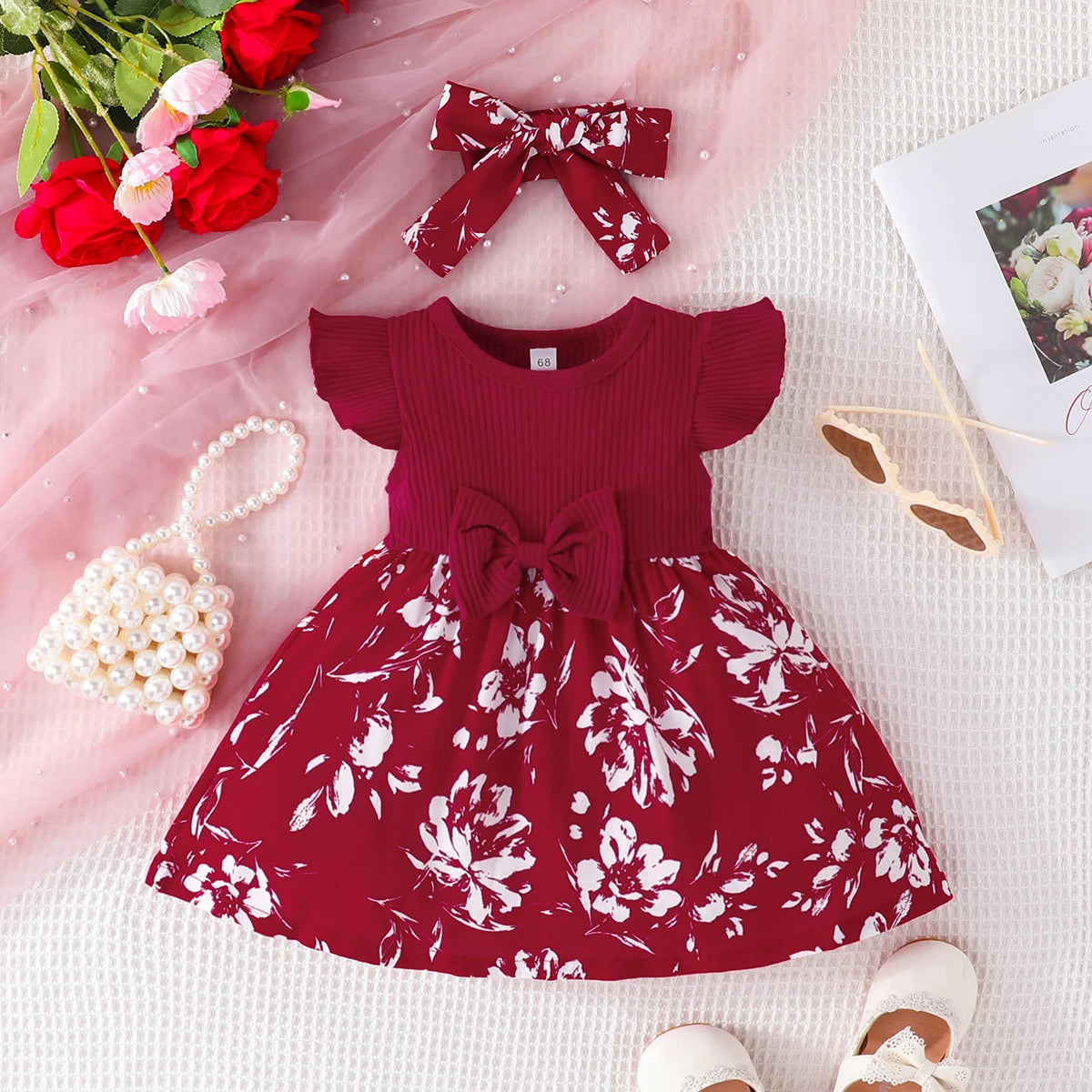 Little Girl Sweet Bow Fly Sleeve Dress Baby Cute Patchwork Dress+Headscarf Two-Piece Set