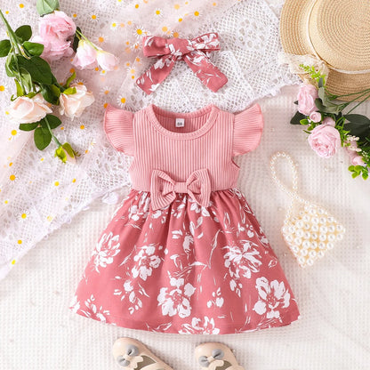 Little Girl Sweet Bow Fly Sleeve Dress Baby Cute Patchwork Dress+Headscarf Two-Piece Set