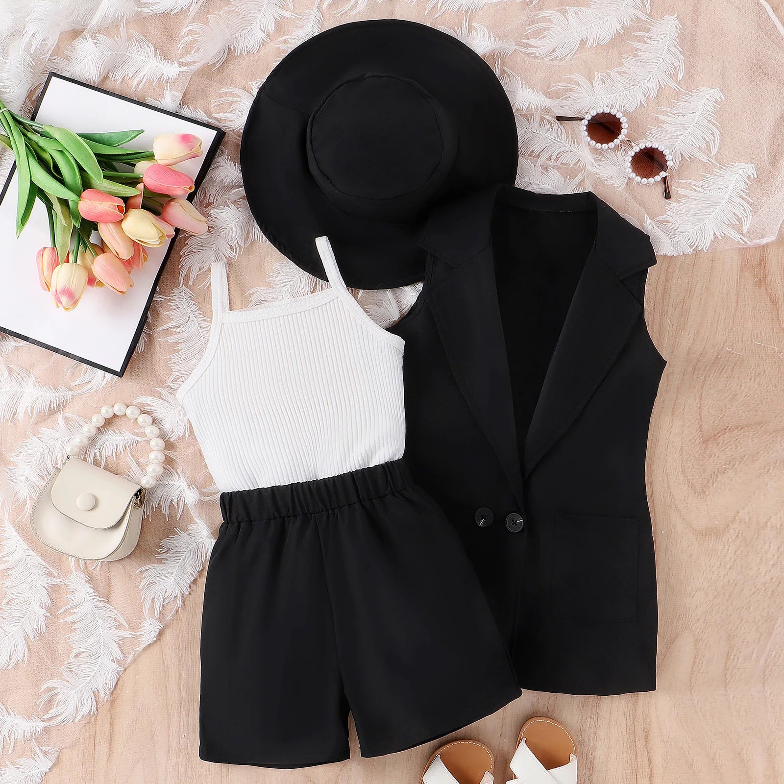 Korean Style Lovely Girl Suit with Hat Summer Daily Sleeveless 