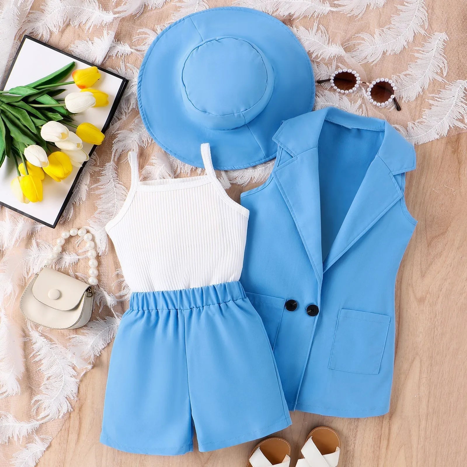 Korean Style Lovely Girl Suit with Hat Summer Daily Sleeveless 