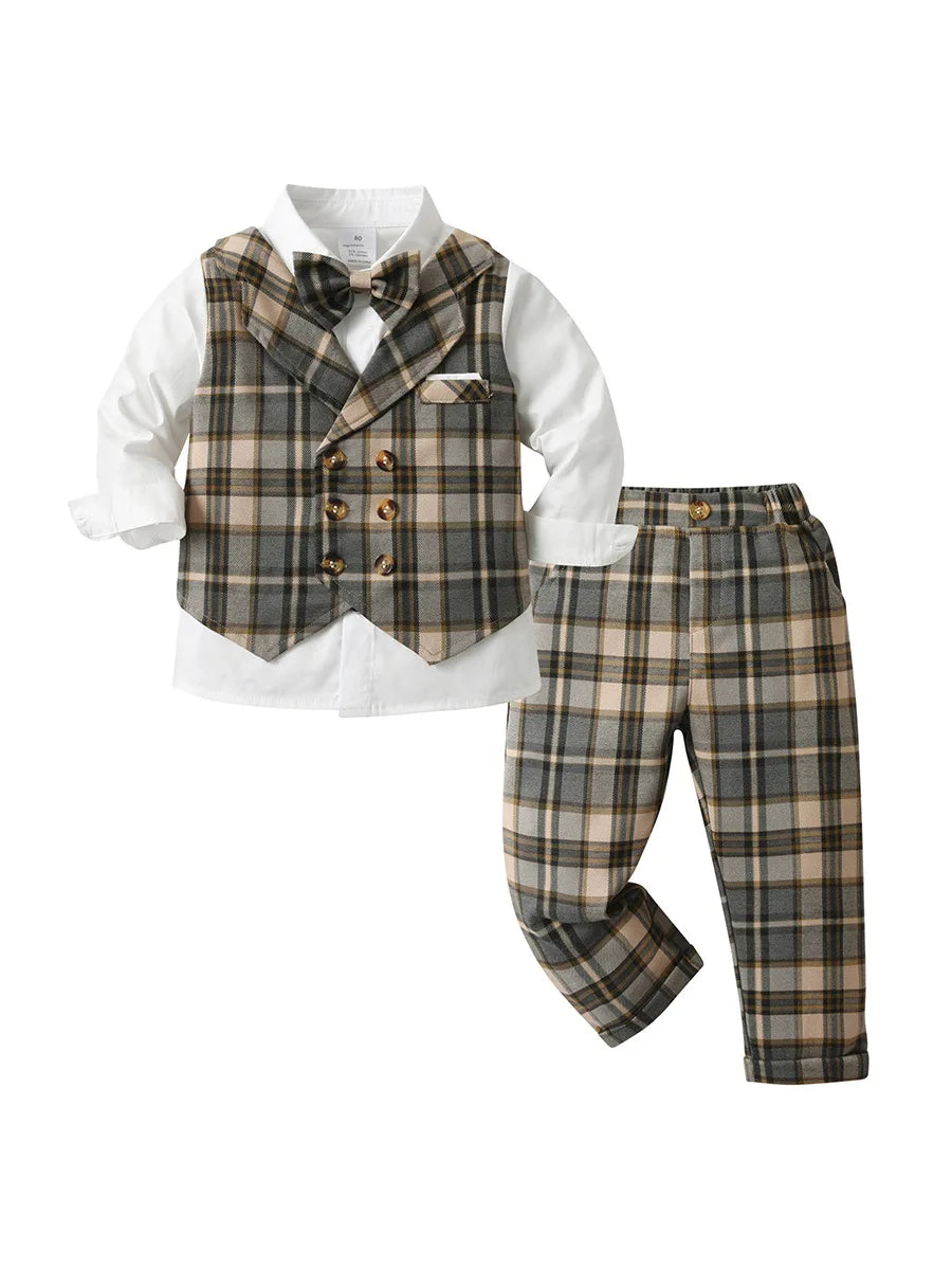 High Quality Factory Wholesale Kids' Formal Plaid Suit Spring Autumn 100% Cotton Long Sleeve Button Two-Piece Set Boys Clothes