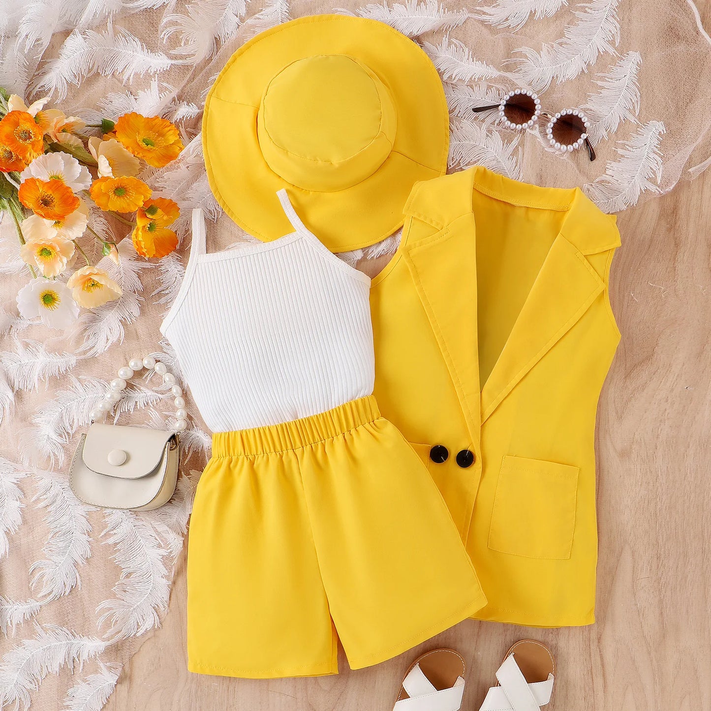 Korean Style Lovely Girl Suit with Hat Summer Daily Sleeveless 