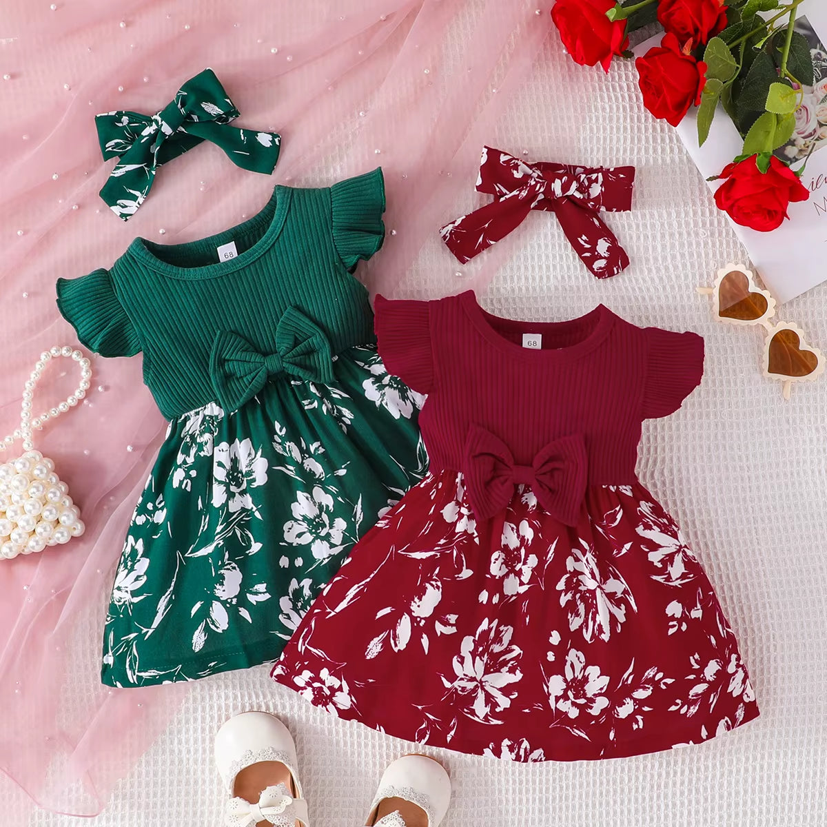 Little Girl Sweet Bow Fly Sleeve Dress Baby Cute Patchwork Dress+Headscarf Two-Piece Set